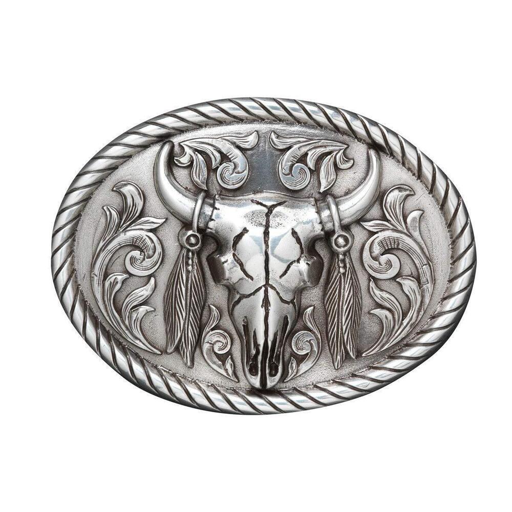 8073 Silver Steer Skull Scroll Feather Oval Buckle by Nocona